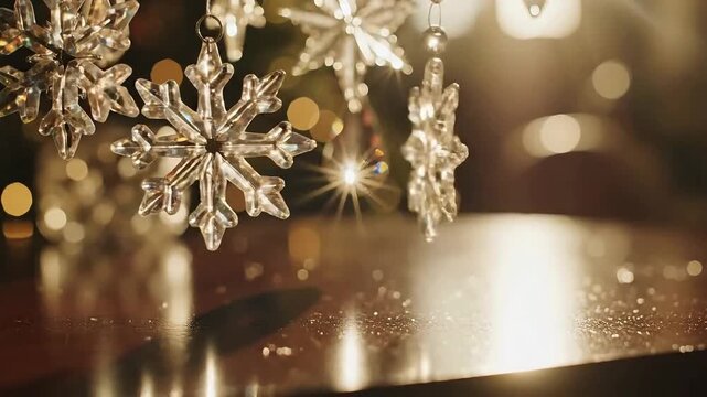 Sparkling crystal snowflake ornaments hang beautifully above a glittering surface creating a warm and magical holiday atmosphere for winter celebrations