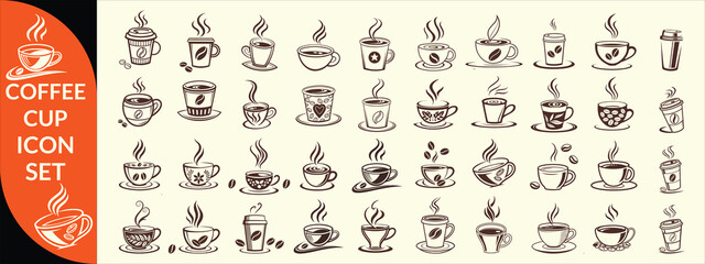 Coffee cup icon. Set of vector cups with coffee. Coffee cup big set design.