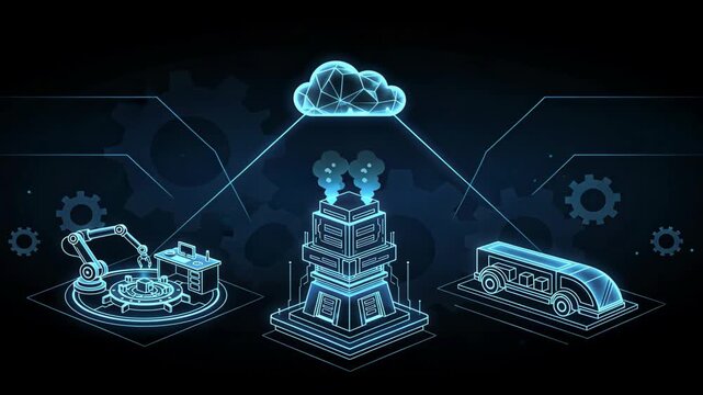 A glowing cloud linking robotic station and cargo vehicle in smart factory, cloud based warehouse management
