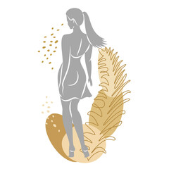 Silhouette of a cute lady and leaves of a plant. The girl is standing. The woman has a beautiful figure. She is young and slim. Vector illustration.
