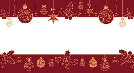 Elegant maroon Christmas border background with white center space, gold hanging ornaments, snowflakes, stars and holly leaves; festive holiday template for greeting cards, invitations and seasonal