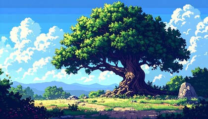 Large, old tree stands in a vibrant meadow with a path and a blue sky dotted with fluffy white clouds