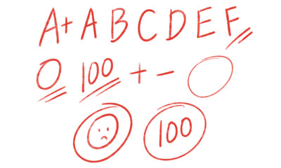 Hand Drawn Grading Symbol and Exam Score Doodles in Red Marker.eps