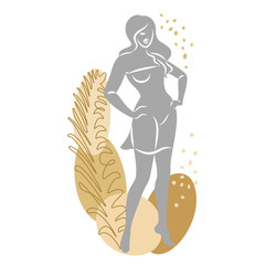 Silhouette of a cute lady and leaves of a plant. The girl is standing. The woman has a beautiful figure. She is young and slim. Vector illustration.
