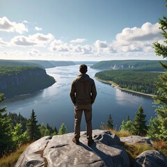 Man stands on rocky overlook, facing water winding through green forested hills under a partly cloudy sky