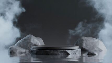 Abstract minimal concept. Dark background with natural granite stones podium on water and smoke surrounding. Mock up template for product presentation. 3D rendering. copy text space