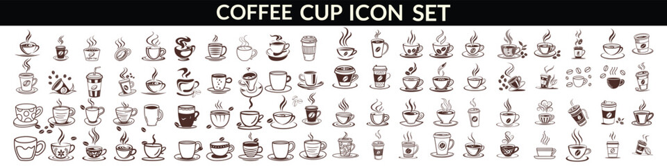 Coffee cup icon. Set of vector cups with coffee. Coffee cup big set design.