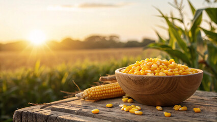 Fresh Corn Kernels in Wooden Bowl at Sunset