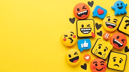 Naklejka premium A collection of colorful emoji characters on a vibrant yellow background with copy space