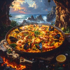 Large paella pan overflowing with seafood and rice, set against a coastal, rocky backdrop, enhanced by a vibrant sunset