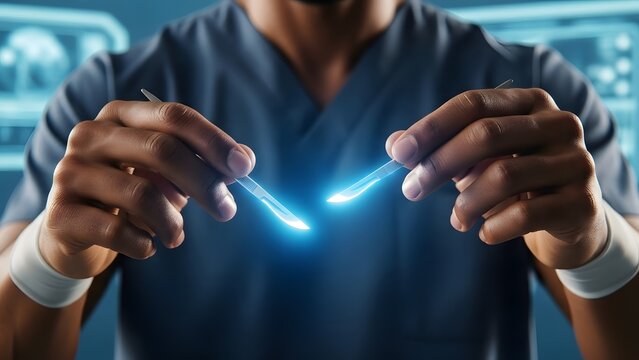 Surgeon in scrubs holding two glowing scalpels ready for an operation
