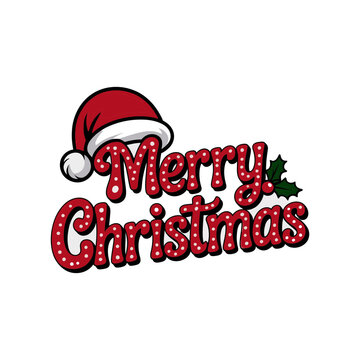 Festive merry christmas text with santa hat and holly accents silhouette isolated on white background