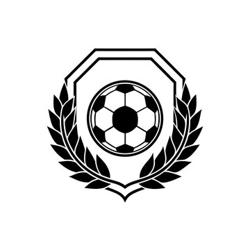 Classic soccer ball emblem with laurel wreath and shield design silhouette isolated on white background