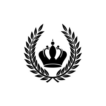 Black silhouette of a royal crown encircled by a laurel wreath isolated on white background silhouette