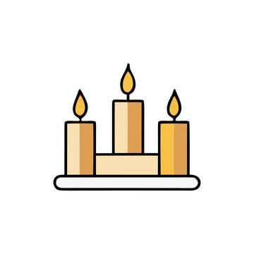 Three lit candles burning brightly on a decorative stand silhouette isolated on white background