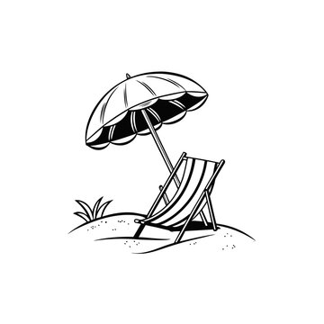Stylized black and white drawing of a beach chair and umbrella on sand isolated on white background silhouette