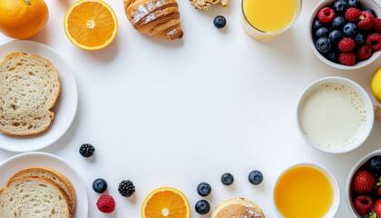 Healthy Breakfast Flat Lay with Toast, Fruits, Croissant, and Juice on White Background