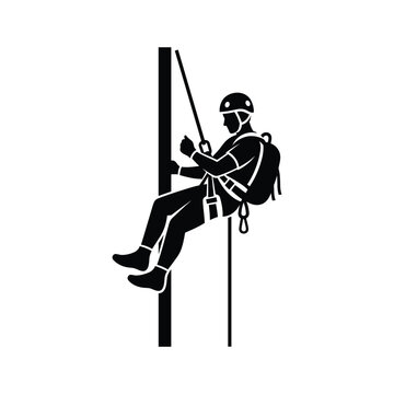 Person climbing down a wall with rope and harness
