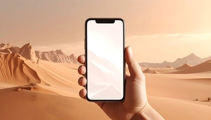 Hand holding phone displaying white screen in desert, sun-drenched landscape. Soft, filtered light