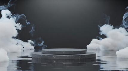 Abstract minimal concept. Dark background with natural granite stones podium on water and smoke surrounding. Mock up template for product presentation. 3D rendering. copy text space