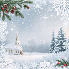 Winter Wonderland Chapel: A serene winter scene unfolds, showcasing a charming chapel nestled in a snow-covered landscape adorned with festive ornaments and snowflakes.