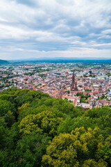 Germany, Aerial view of freiburg im breisgau city houses skyline downtown minster cathedral church marketplace old town tourism destination above green tree tops