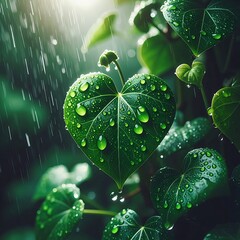 Heart-shaped leaf glistening with raindrops in a lush, green, sun-drenched garden setting