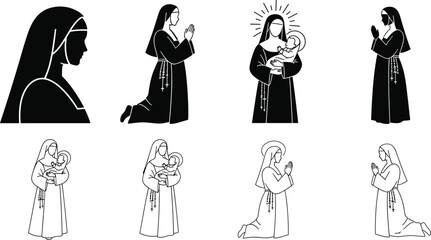 Religious nun and saint illustration set featuring praying figures and mother with child icons for Christian artwork, devotion design, and spiritual symbolism