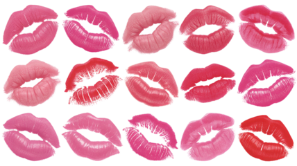 Collection of diverse pink and red lipstick kiss marks isolated on transparent background