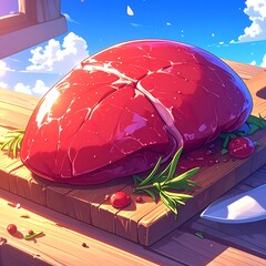 Large, red cut of meat atop a wooden board, with rosemary and cranberries under a sunny sky backdrop