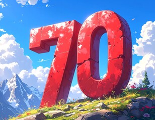 Large red '70' on a grassy hill against a backdrop of mountains and clouds