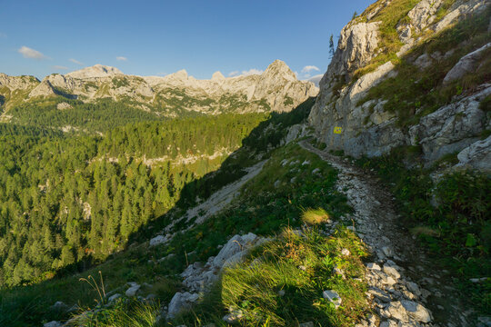 View of a narrow mountain path clinging to a rocky precipice, overlooking a dense forest and jagged peaks under a clear sky, Julian Alps, Gorenjska, Slovenia.