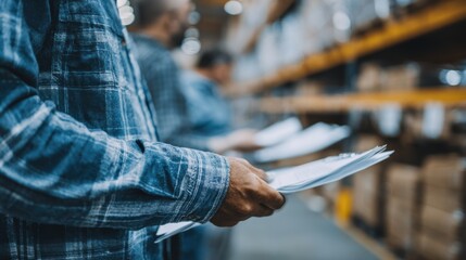 Medium shot capturing physical collateral management processes with staff reviewing pledged asset documents and inspecting tangible goods in a secured warehouse environment.