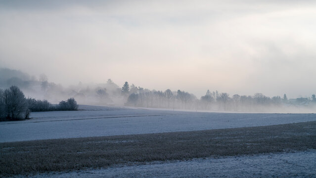 Germany, Icy snowy covered winter wonderland fields nature landscape sunny morning panorama silence at the edge of the forest perfect peace for relaxation walking hiking in fog and sun