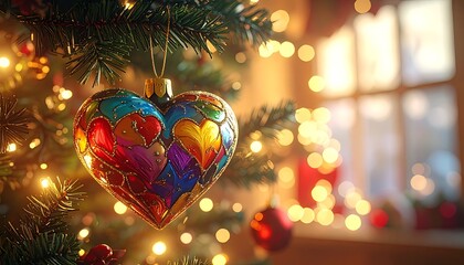 Heart-shaped ornament hangs on a lit Christmas tree branch, lights blurred in background near window