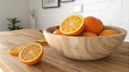 Fresh Oranges in Wooden Bowl on Kitchen Table &ndash; Healthy Fruit Photography