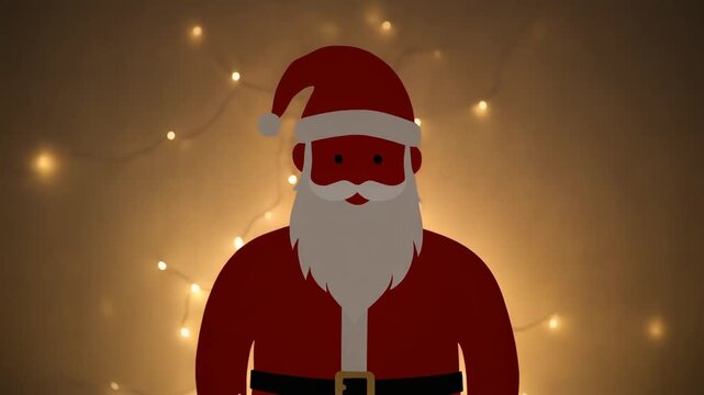 Animated santa claus wearing red outfit with white lights in background