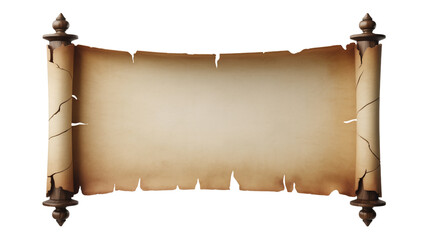 Ancient papyrus scroll with ornate wooden ends isolated on transparent background