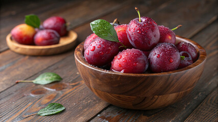 Fresh Red Plums in Wooden Bowl &ndash; Juicy Fruit Photography, Organic Summer Produce, High-Quality Food Image