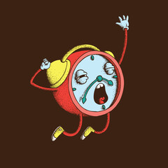 Hand drawn dot work vector Illustration. Cute cartoon character. Red animated waking up alarm clock is yawning on brown background.  It has arms and legs. Concept of sleep, dream, rest, relax, wake up