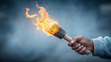 Hand holding a burning torch in darkness