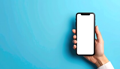 Hand holds a blank-screen smartphone against a bright blue backdrop, offering ample copy space
