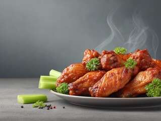 Plate of Spicy Buffalo Chicken Wings with Celery Sticks, Warm Lighting