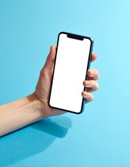 Hand holds a blank-screened phone with a blue border against a solid light blue background with strong shadows