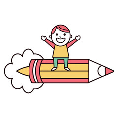 Happy boy cartoon character flying on a rocket pencil with smoke cloud isolated on white background concept of education and creativity