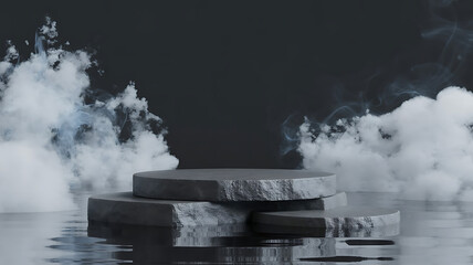 Abstract minimal concept. Dark background with natural granite stones podium on water and smoke surrounding. Mock up template for product presentation. 3D rendering. copy text space