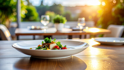 Gourmet Dish on Outdoor Restaurant Table with Warm Sunset Light and Bokeh Background