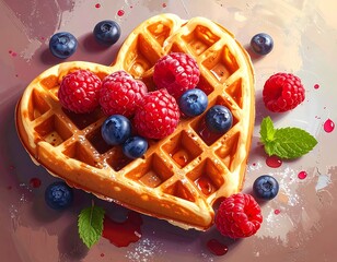 Heart-shaped waffle topped with berries and mint, drizzled with syrup on a textured surface