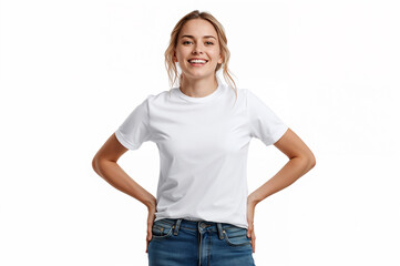 Fototapeta premium Young woman wearing a blank white t-shirt and blue jeans standing against a white background.