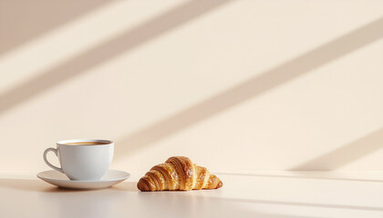 Minimal Coffee Cup and Croissant with Morning Sunlight Shadows on Neutral Background